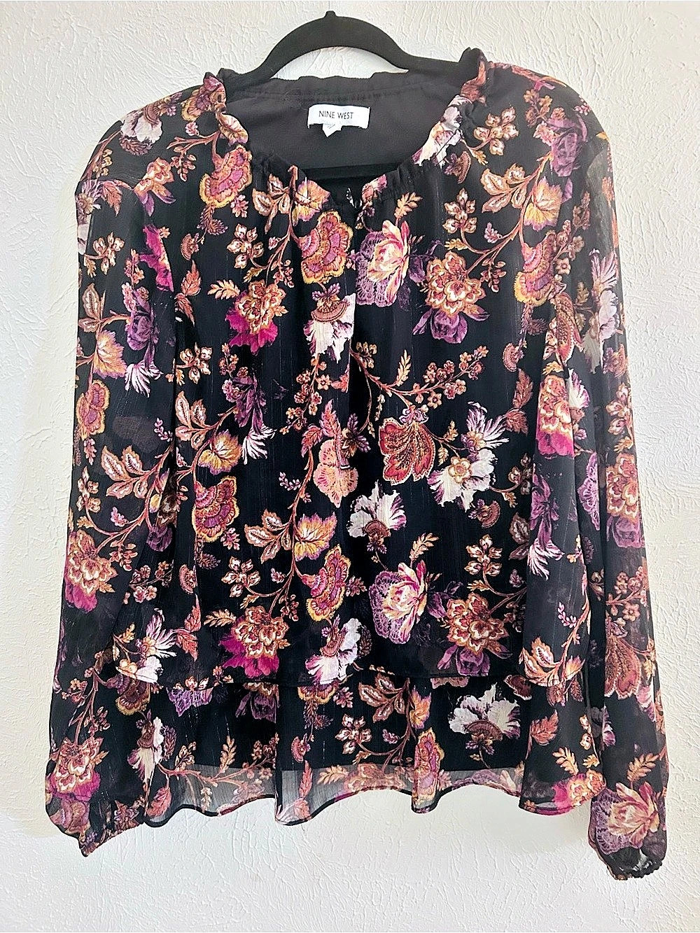 Nine West Floral Blouse in Black & Pink Size XL Like New